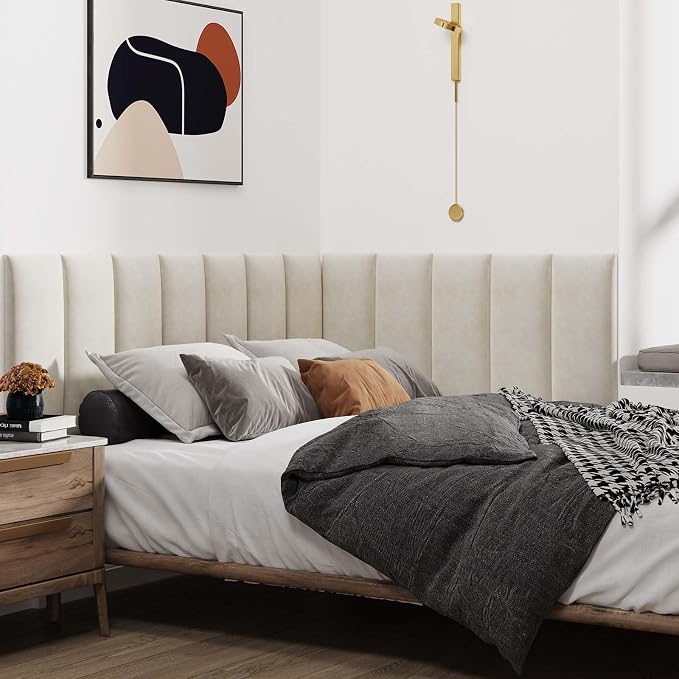IFNOW Wall Mounted Headboard, Peel and Stick Panels, Lvory White, King | Upholstered 3D Soundproof Acoustic Panels Reusable and Removable Padded Leather Bed Headboard, 12 Panels 9.84" x 23.62"
