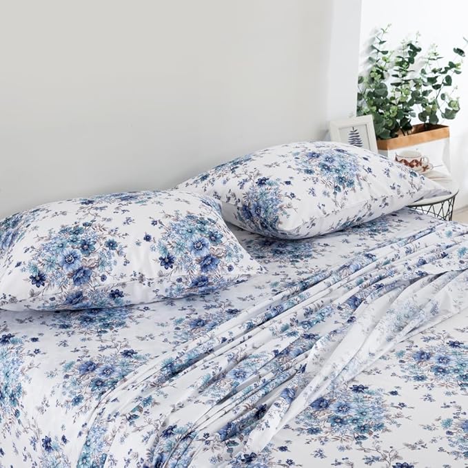 DAUAOTO Twin XL Cotton Sheets Set Printed Bedding Sets, Up to 14" Deep Mattress, Floral Pattern Bedlinen for Twin Extra Long Bed, French Blue