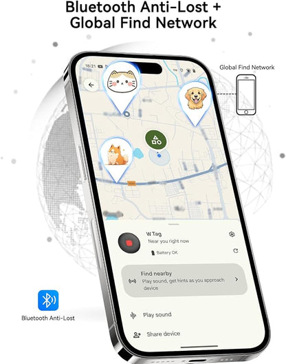 Bluetooth Dog Tracker Tag, Pet Tracker for Dogs with Silicone Collar Holder, Works with Apple Find My & Android Find Hub, IP67 Waterproof Anti-Lost Locator