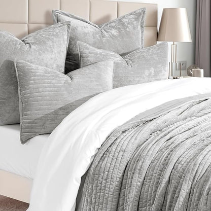 EVERGRACE Velvet Quilt Set King Size, Luxurious Soft Striped Channel Bedding Set, Lightweight Velvet Comforter for All Season, Oversized Bedspread Coverlet with 2 Matching Shams, Frost Gray