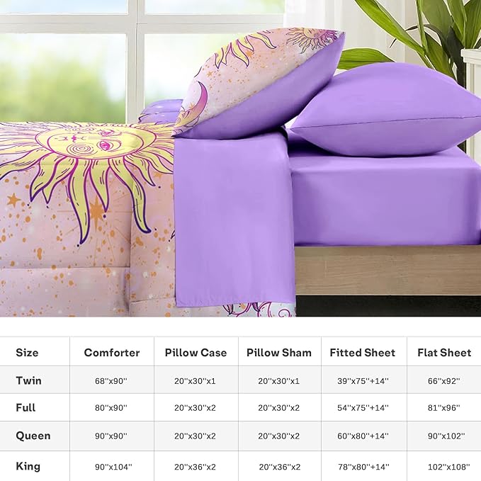 Nesker Comforter Set Twin Size, Celestial Motifs Astrology 5 Pcs Bedding for Kids and Adults, Boho Sun Moon Bed Sheet Sets with Fitted Sheet Pillowcase & Sham