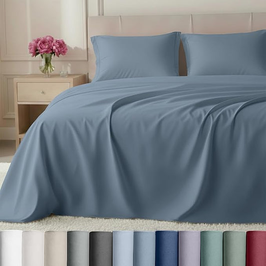 California Design Den Luxury 100% Cotton Sateen - Buttery Soft 800 Thread Count Queen Bed Sheet Set, Durable Deep Pocket Sheet Set - Blue