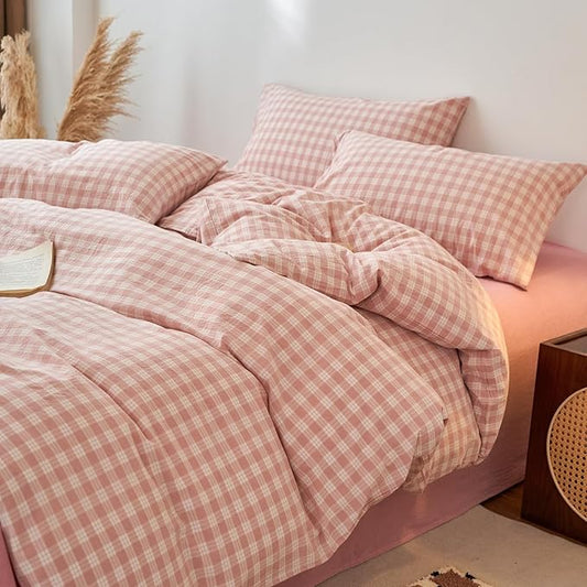 EAVD Vintage Style Gingham Plaid Duvet Cover Queen Pink White Soft 100% Washed Cotton Chic Warm Checkered Bedding Set with 2 Pillowcases Farmhouse Grid Gingham Duvet Cover with Zipper Closure