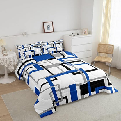Erosebridal Grid Comforter Set,White Black Grey Blue Square Bedding Set,Geometric Stripes Bold Lines Quilted Duvet Full Warm for Kids Teens Adult,Modern Creative Art Down Comforter with 2 Pillowcases