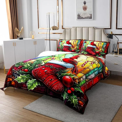 Merry Christmas Kids Bedspread King Size,Redbird Candy Christmas Stocking Happy New Year Coverlet Set,Boys Girls Room Decor,Leaves Geometric Quilted Coverlet,Red Xmas Bedding Quilt,2 Pillowcases