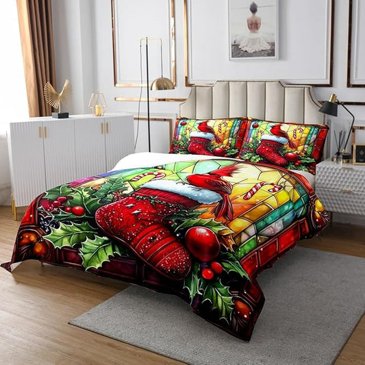 Merry Christmas Kids Bedspread Twin Size,Redbird Candy Christmas Stocking Happy New Year Coverlet Set,Boys Girls Room Decor,Leaves Geometric Quilted Coverlet,Red Xmas Bedding Quilt,1 Pillowcase