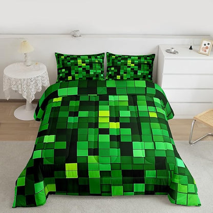 Pixelated Blocks Miners Comforter Set Full Size,Video Games Game Gamepad Kids Bedding Set,Geometric Grid Patchwork Quilt Comforter,Green Duvet Insert,2 Pillowcases