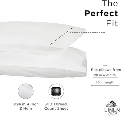 Linen Home 500 Thread Count King Pillowcase Set | 100% Long-Staple Cotton Pillow Cases | Soft & Smooth Luxury Satin Set of 2 Pillowcases | 4 Inch Z Hem | White