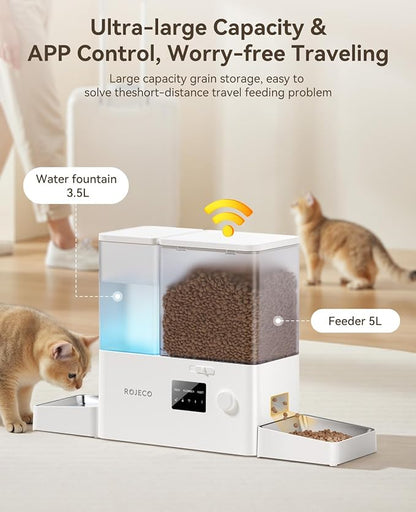 Rojeco 36Cups/8.5L WiFi Automatic Cat Feeder and Gravity Water Dispenser,Stainless Steel Bowls 2-in-1 Large Capacity 5L Food Dispenser with APP and 3.5L Water Fountain for Pets,Dogs,Puppies,Kittens