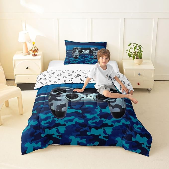 Feelyou Gamer Comforter Set Camouflage Gaming Video Game Bedding Set for Kids Boys Children Blue Camo Gamer Console Comforter Soft Gamepad Decor Quilt Set Twin Size