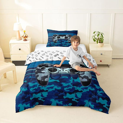 Feelyou Gamer Comforter Set Camouflage Gaming Video Game Bedding Set for Kids Boys Children Blue Camo Gamer Console Comforter Soft Gamepad Decor Quilt Set Twin Size