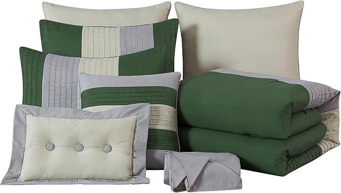 Chezmoi Collection Loft 8-Piece Full Comforter Set, Forest Green/Gray/Cream Luxury Striped Bedding for All Season