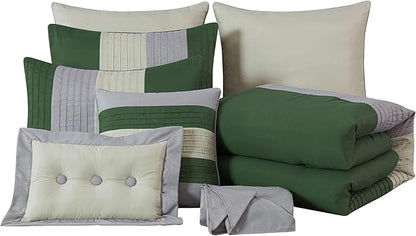 Chezmoi Collection Loft 8-Piece Queen Comforter Set, Forest Green/Gray/Cream Luxury Striped Bedding for All Season