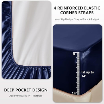 CozyLux Satin Sheets Full Size Sheets - 4 Piece Silky Full Size Bed Sheets, Luxury Navy Blue Full Bed Set with Smooth and Soft Microfiber, Includes 1 Fitted Sheet, 1 Flat Sheet and 2 Pillowcases
