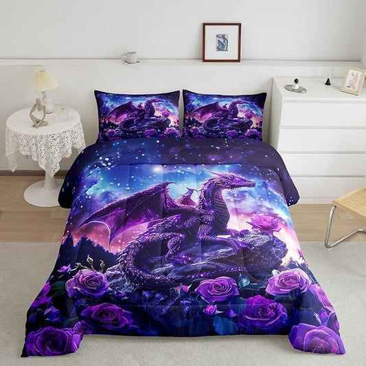 Blossom Flower Rose Comforter Set Twin Size,Purple Dragon Bedding Set for Kids Boys Girls Room Decor,Galaxy Starry Sky Nebula Duvet Insert 2Pcs,Glitter Retro Wild Animal Quilt Set,1 Pillowcase