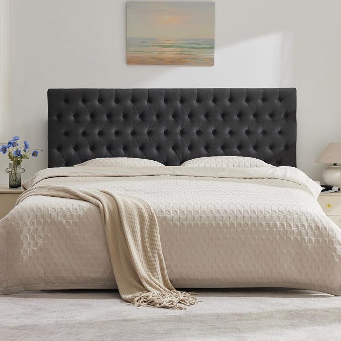 Upholstered Queen Headboard Only, Premium Linen Button Tufted Headboards, Adjustable Solid Wood Head Board, Padded Headboard with Solid Wood Legs in Bedroom (Dark Gray)