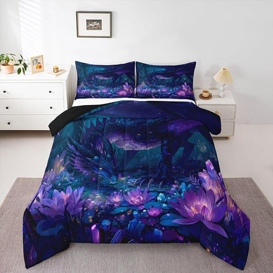 Feelyou Dragon Comforter Set Full Size Dragon Stuff Bedding Set for Kids Boys Girls Wild Life Duvet Quilt Magic Wildlife Bedroom Decor Purple and Black Microfiber 3 Pcs with 2 Pillow Cases