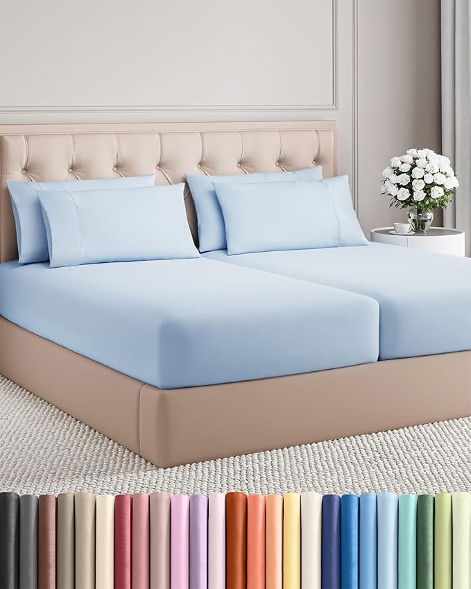 Split King 7 Piece Sheet Set - Comfy Breathable & Cooling - Soft Hotel Luxury Bedding Set with 8-16 Inch Deep Pockets - 1 Flat & 2 Fitted Sheet & 4 Pillowcases - Wrinkle Free & Easy Care - Sky Blue