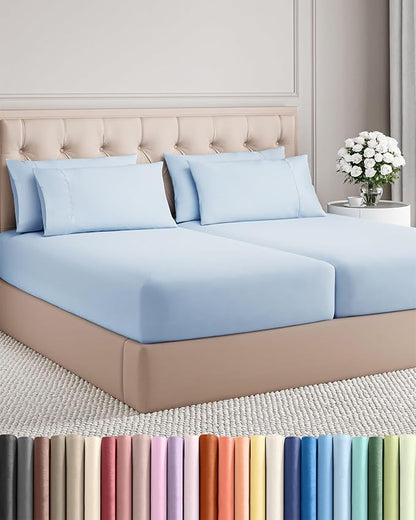 Split King 7 Piece Sheet Set - Comfy Breathable & Cooling - Soft Hotel Luxury Bedding Set with 8-16 Inch Deep Pockets - 1 Flat & 2 Fitted Sheet & 4 Pillowcases - Wrinkle Free & Easy Care - Sky Blue