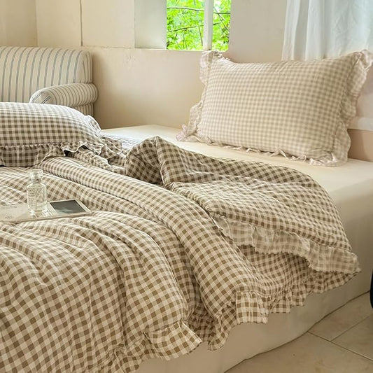 NSNLGSGC Tan Ruffle Gingham Comforter Set Queen, Pre-Washed Ruffled Taupe Plaid Checked Comforter Bedding, 3 Pieces Vintage Farmhouse Grid Bedding Set(Tan Gingham, Queen)