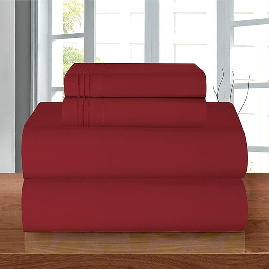 Elegant Comfort Luxury 1500 Premium Hotel Quality Microfiber 4-Piece Sheet Set - Wrinkle Resistant, All Around Elastic Fitted Sheet, Deep Pocket up to 16", RV Short Queen, Burgundy