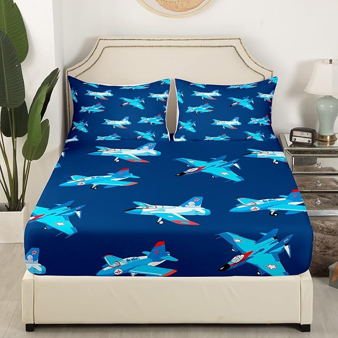 Kids Aircraft Bed Sheets Set Cartoon Transportation Vehicles Fitted Sheet Boys Airplane Bedding Set for Bedroom Decor Navy Blue Sheet (Queen Flat Sheet & Fitted Sheet with 2 Pillow Case)