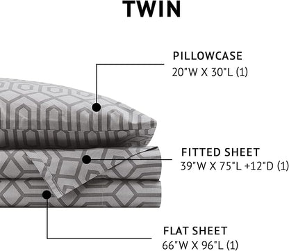 Comfort Spaces 144TC Cotton Sheet Set Breathable, Lightweight, Soft with Elastic Deep Pocket, Modern All Season Cozy Bedding, Matching Pillow Case, Twin, Diamond Sliver 3 Piece