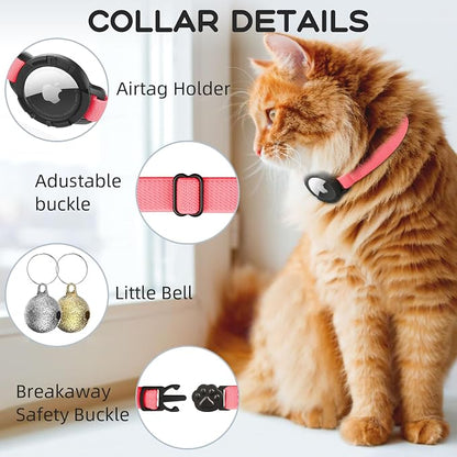 AirTag Cat Collars, Stretchy Collar with AirTag Holder and Bell | Breakaway - Ultra Design Elastic - GPS Tracking Collars - Adjustable Size for Cats & Puppies 7.5-12.5" - (Hot Pink)