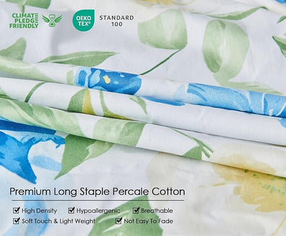 SLEEPBELLA Duvet Cover King, 600 Thread Count Cotton 3pcs Bedding Set Blue Flowers and Green Leaves Printed on White Reversible Comforter Cover