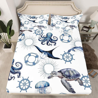 Sea Turtle Bed Sheet Queen Set,Octopus Jellyfish Ocean Life Sheets Sets Boys Girls Bedroom Decor,Nautical Style Sea Animals Bedding Set with Flat,Fitted Sheet,2 Pillow Cases
