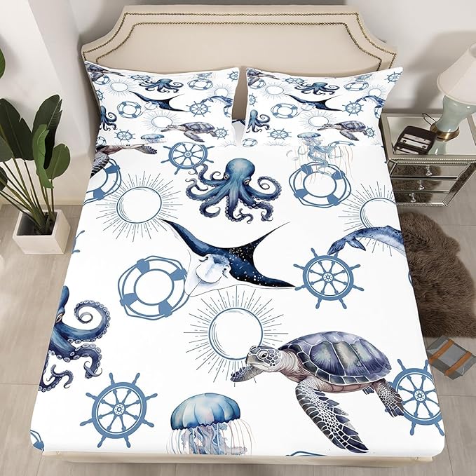 Castle Fairy Sea Turtle Bed Sheet Set Twin Size,Octopus Jellyfish Ocean Life Sheet Set Kids Teens,Nautical Style Sea Animals Bedding Decor Set with 1 Flat & 1 Fitted Sheet with 1 Pillow Sham
