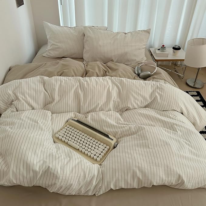 Nayoroom Brown Striped Duvet Cover Queen Size 100% Washed Cotton Duvet Cover Linen Like Textured, Reversible 3 Pieces Soft Breathable Yarn-Dyed Stripe Girls Dorm Bedding Set for All Seasons