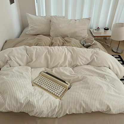 Nayoroom Brown Striped Duvet Cover Queen Size 100% Washed Cotton Duvet Cover Linen Like Textured, Reversible 3 Pieces Soft Breathable Yarn-Dyed Stripe Girls Dorm Bedding Set for All Seasons
