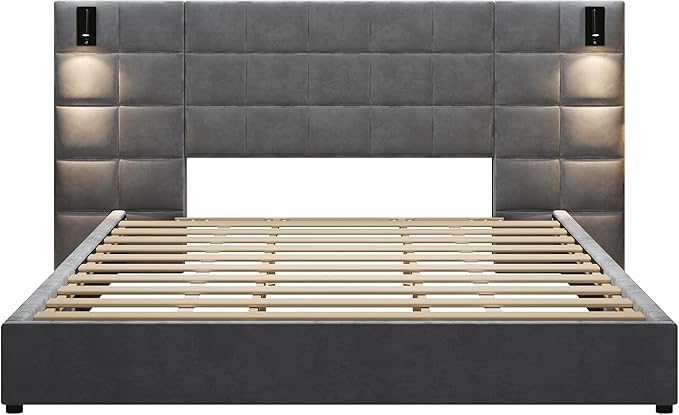 Merax California King Size Upholstered Velvet Bed Frame, with Wall Sconce and USB Port, Wide Headboard for Bedroom, (Without Bedside Tables & Mattress), Gray