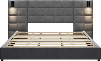 Merax California King Size Upholstered Velvet Bed Frame, with Wall Sconce and USB Port, Wide Headboard for Bedroom, (Without Bedside Tables & Mattress), Gray