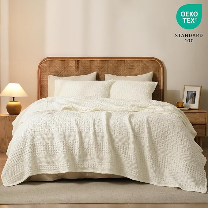PHF 100% Cotton Waffle Weave Blanket King Size for Bed, Soft Lightweight & Breathable for Spring and Summer, All-Season Comfort, Luxury Aesthetic Blanket for Home Decor, 108"x90", Cannoli Cream