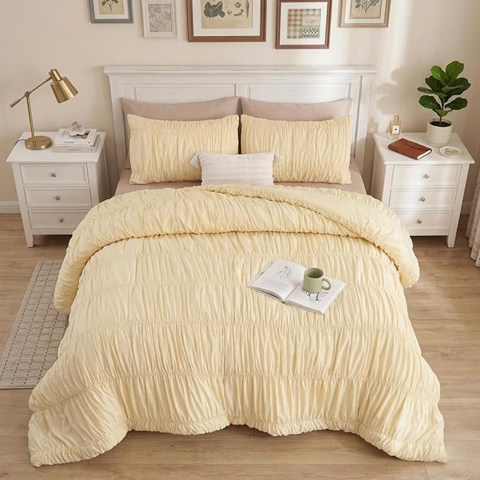 weigelia Cinched Comforter Set Queen – Soft Ruched Bedding Set, 3PCS Light Yellow All-Season Fluffy Lightweight Comforter with Pillowcases for Bedroom, Apartment & Dorm Decor