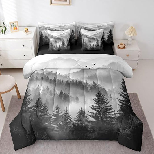 Erosebridal Foggy Mountain Queen Comforter Set with Sheets 7 Piece Grey Forest Pine Tree Bed in A Bag Nature Misty Woodland Bedding Sets for Kids Adults,Flying Bird Bed Set