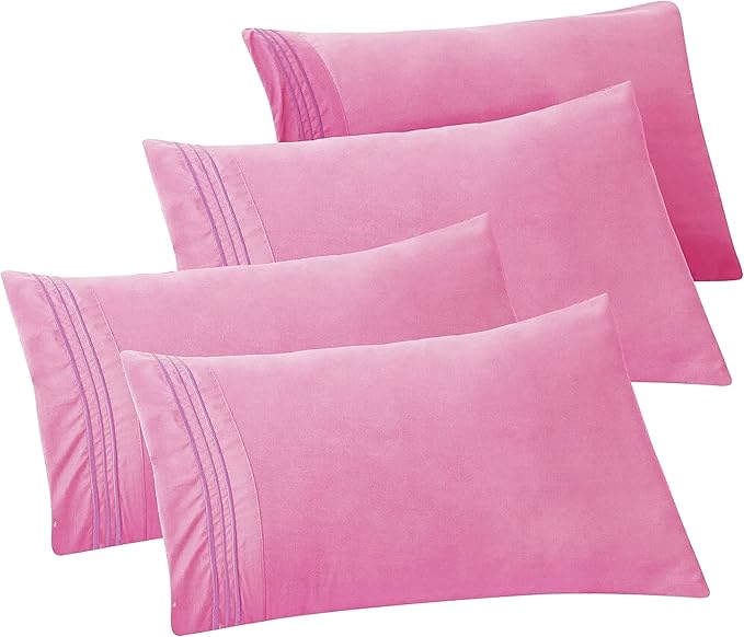 Elegant Comfort 4-PACK Solid Pillowcases 1500 Premium Hotel Quality Microfiber - Smooth Weave, Wrinkle and Stain Resistant, Easy Slip-On, 4-Piece Set, Standard/Queen Pillowcase, Light Pink