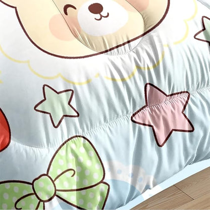 3Pcs Bears Animal Print Queen Size Comforter Set for Girls, Cartoon Blue and White Bedding Set, Green Bows and Stars Bed Set, 1 Comforter 90"x 90" and 2 Pillowcases