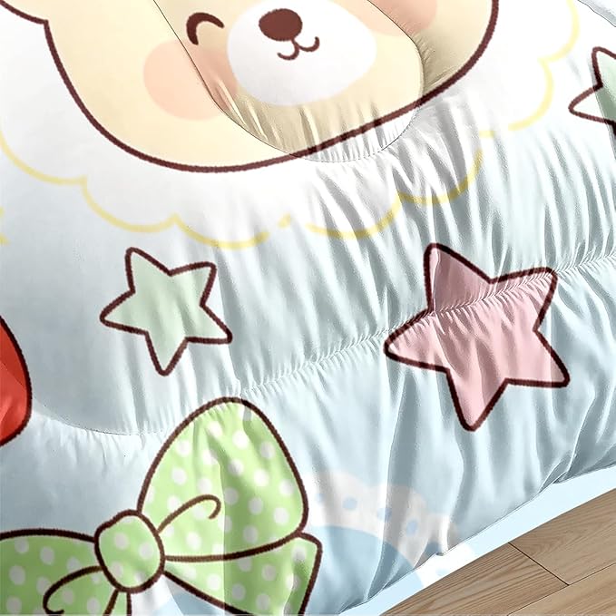 Girls Kids 3-Piece Cartoon Bears Comforter Set, Cute Red Strawberry Bedding Sets King Size for Girls Room Decor, Includes 1 Comforter 104"x90" and 2 Pillowcases