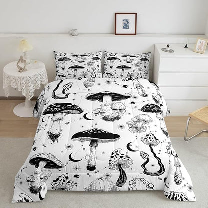Wild Mushroom Comforter Set Queen Size,Abstract Sun Moon Starry Quilt Set Gothic Plants Bedding Set for Kids Boys Teens Room Decor,Black White Sketch Style Duvet Insert with 2 Pillowcases