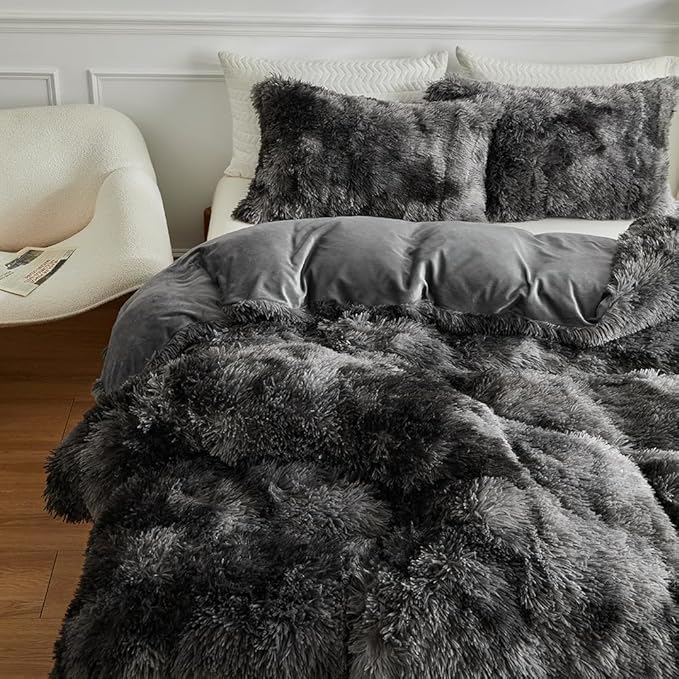 Wajade Faux Fur Plush Tie Dye Dark Grey White Comforter Set Fluffy Fuzzy Shaggy Bedding Set - 3PC Full Size Microfiber Soft Warm Quilt Set