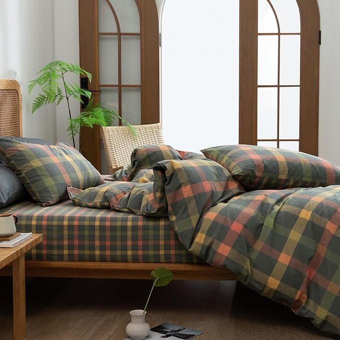 VM VOUGEMARKET Multicolor Plaid Duvet Cover Set Full Soft Washed Cotton Reversible Bedding Modern Cozy Grid Duvet Cover with 2 Pillowcases for Men Women-Orange/Grey/Green,80x90Inch