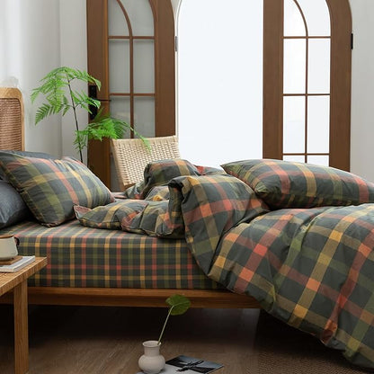 VM VOUGEMARKET Twin XL Plaid Duvet Cover Set Orange Grey Green Gingham Bedding Set Soft Washed Cotton Reversible Modern Cozy Duvet Cover with 2 Pillowcases for Teen Boys- 68x90 Inch