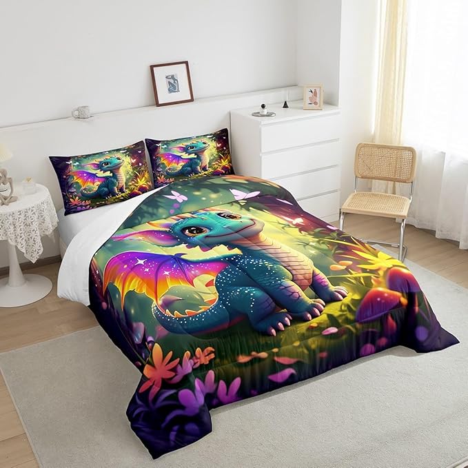 Castle Fairy Cute Dragon Comforter Set Queen Size Mushroom Floral Butterfly Bedding Set Toddler Bedroom Decor Purple Orange Wings Dragon All Season Quilt Set Dreamy Jungle Bedding Comforter Sets,3Pcs