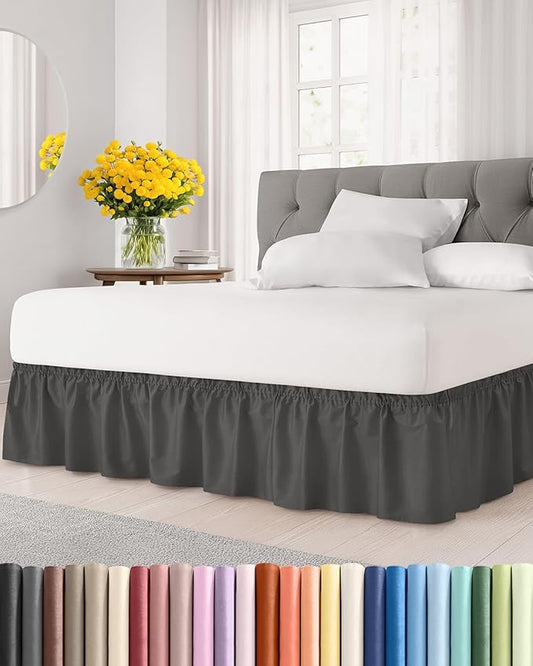 Wrap Around Dust Ruffle Bed Skirt - Charcoal - for King Size Beds w/ 15 Inch Drop - Easy Fit Elastic Strap - Adjustable Pleated Bedskirt w/Brushed Fabric - Wrinkle Free - for Women, Men, Kids & Teens