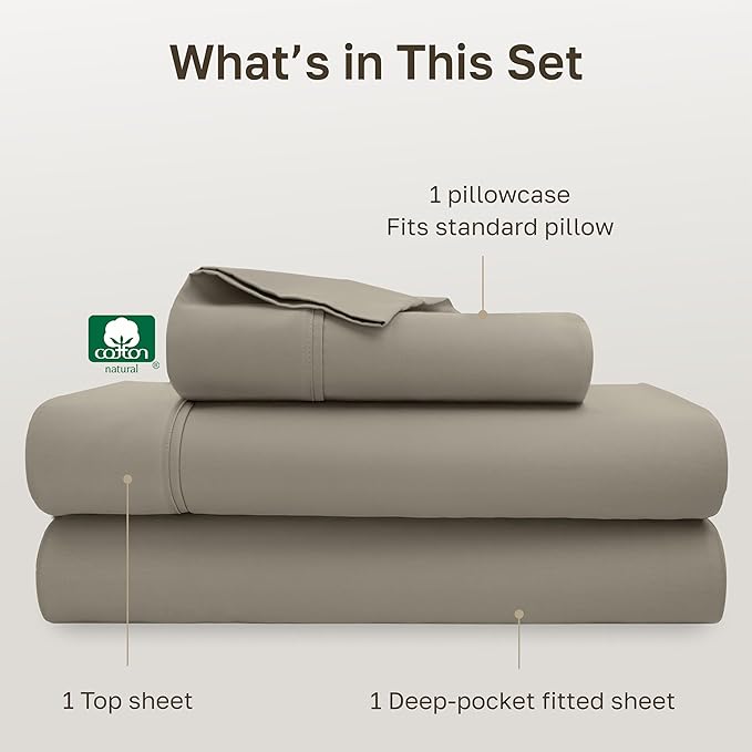 California Design Den Soft Twin Sheets Set - 400 Thread Count Sateen, Natural 100% Cotton Sheets, Deep Pockets, and Durable Bedding Set for Dorm Rooms & Adults - Taupe