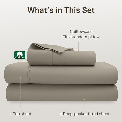 California Design Den Soft Twin Sheets Set - 400 Thread Count Sateen, Natural 100% Cotton Sheets, Deep Pockets, and Durable Bedding Set for Dorm Rooms & Adults - Taupe