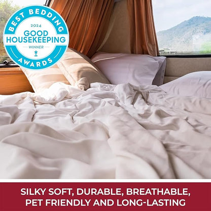 Mellanni RV Short Queen Sheets - 4 PC Iconic Collection Bedding - Hotel Luxury, Extra Soft, Cooling Bed Sheets - Deep Pocket up to 10 inch (RV/Short Queen, White)